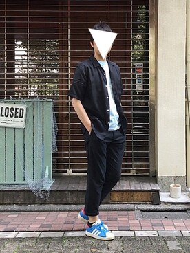 「UNIQLO（ユニクロ）のオープンカラーシャツ（半袖）（シャツ/ブラウス、ブラック系）」を使った、おくだいさん（メンズ・172cm）の夏コーディネート