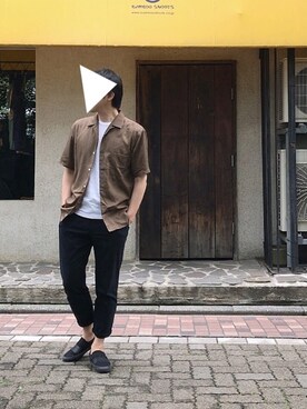 「UNIQLO（ユニクロ）のオープンカラーシャツ（半袖）（シャツ/ブラウス、グリーン系）」を使った、おくだいさん（メンズ・172cm）の夏コーディネート
