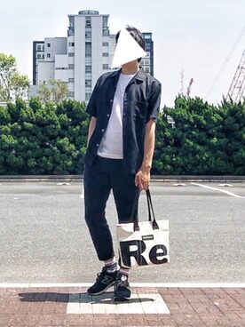 「UNIQLO（ユニクロ）のオープンカラーシャツ（半袖）（シャツ/ブラウス、ブラック系）」を使った、おくだいさん（メンズ・172cm）の夏コーディネート