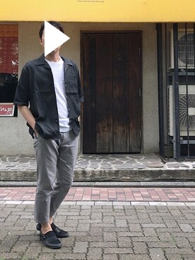 「NANO universe（ナノユニバース）の//開襟デニムシャツ SS（シャツ/ブラウス、ブラック系）」を使った、おくだいさん（メンズ・172cm）の夏コーディネート