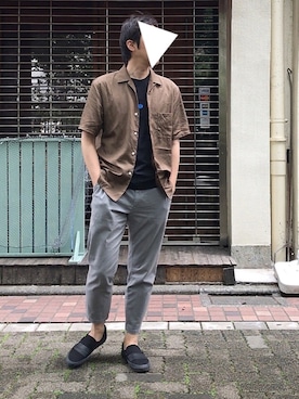 「UNIQLO（ユニクロ）のオープンカラーシャツ（半袖）（シャツ/ブラウス、グリーン系）」を使った、おくだいさん（メンズ・172cm）の夏コーディネート