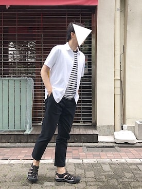 「UNIQLO（ユニクロ）のフルオープンポロシャツ（ポロシャツ、ホワイト系）」を使った、おくだいさん（メンズ・172cm）の秋コーディネート