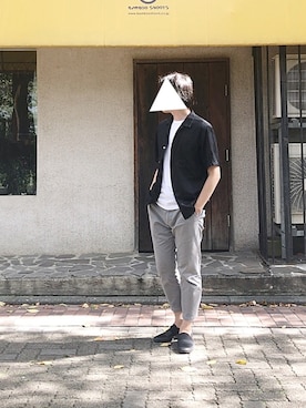 「UNIQLO（ユニクロ）のオープンカラーシャツ（半袖）（シャツ/ブラウス、ブラック系）」を使った、おくだいさん（メンズ・172cm）の秋コーディネート