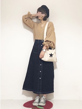 「GRL（グレイル）のサーモベレー帽（ハンチング/ベレー帽）」を使った、tsugu*さん（レディース・157cm）の秋コーディネート