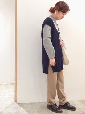 「POU DOU DOU（プードゥドゥ）のミモザ刺繍スタンドフリルブラウス（シャツ/ブラウス、ブラック系）」を使った、kato さん（レディース・157cm）の冬コーディネート