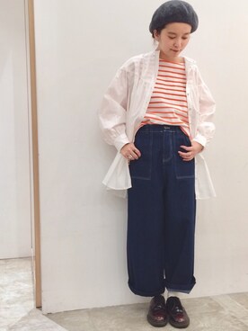 「POU DOU DOU（プードゥドゥ）のボーダーボートネックトップス（Tシャツ/カットソー、オレンジ系）」を使った、kato さん（レディース・157cm）の冬コーディネート