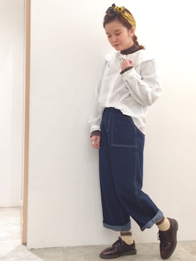 「POU DOU DOU（プードゥドゥ）のラッフルカラーブラウス（シャツ/ブラウス、ホワイト系）」を使った、kato さん（レディース・157cm）の冬コーディネート