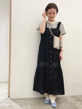 「POU DOU DOU（プードゥドゥ）のクラシックパターンTee（Tシャツ/カットソー、ブラック系）」を使った、kato さん（レディース・157cm）の春コーディネート