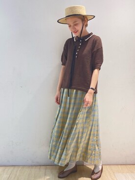 「POU DOU DOU（プードゥドゥ）のスラブヤーンポロ襟ニット（ニット/セーター、ブラウン系）」を使った、kato さん（レディース・157cm）の春コーディネート