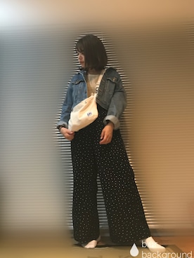 「ドットパンツ」｜「アイテム（デニムジャケット）」を使った、むちむちくんのママさん（レディース・154cm）の春コーディネート