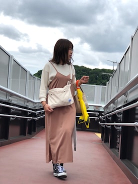 「ワッフルクルーネックＴ」｜「アイテム（ワンピース/ドレス）」を使った、むちむちくんのママさん（レディース・154cm）の春コーディネート