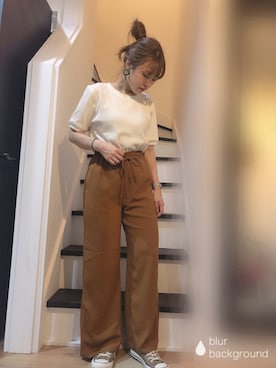 「UNIQLO（ユニクロ）のワッフルクルーネックT（5分袖）（Tシャツ/カットソー）」を使った、むちむちくんのママさん（レディース・154cm）の春コーディネート