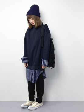 「ゆるカジ」｜「アイテム（スウェット）」を使った、いぴさん（レディース・152cm）の冬コーディネート