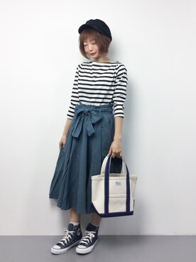 「FRAMeWORK（フレームワーク）のボーダー7ブソデプルオーバー◆（Tシャツ/カットソー）」を使った、いぴさん（レディース・152cm）の春コーディネート