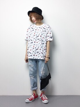 「w closet（ダブルクローゼット）のダメージデニムパンツ（デニムパンツ）」を使った、いぴさん（レディース・152cm）の春コーディネート