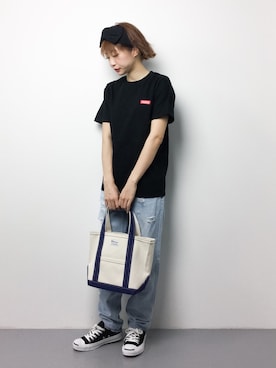 「w closet（ダブルクローゼット）のダメージデニムパンツ（デニムパンツ）」を使った、いぴさん（レディース・152cm）の春コーディネート
