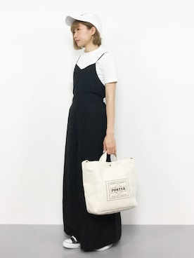 「リブT」｜「アイテム（つなぎ/オールインワン）」を使った、いぴさん（レディース・152cm）の夏コーディネート