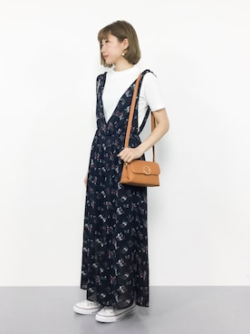 「リブT」｜「アイテム（つなぎ/オールインワン）」を使った、いぴさん（レディース・152cm）の夏コーディネート