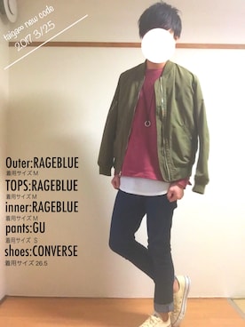 「RAGEBLUE（レイジブルー）のアイテム（MA-1）」を使った、たいがさん（メンズ・172cm）の春コーディネート