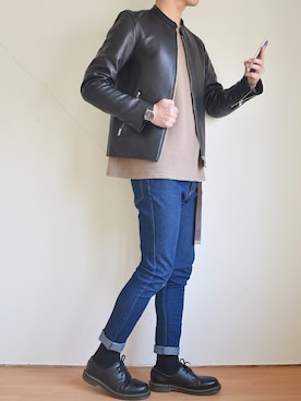 「LIDNM（リドム）のアイテム（ライダースジャケット）」を使った、たいがさん（メンズ・172cm）の春コーディネート