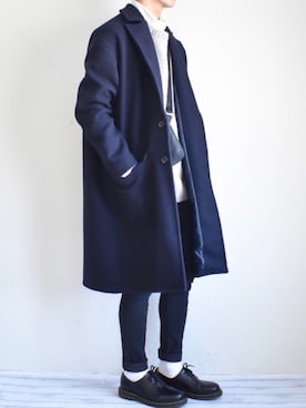 「LIDNM（リドム）のアイテム（チェスターコート）」を使った、たいがさん（メンズ・172cm）の冬コーディネート