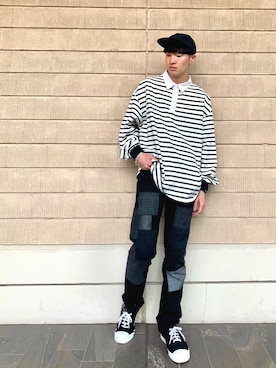 「ラガーシャツ」｜「アイテム（パンツ）」を使った、はせしゅんさん（メンズ・175cm）の春コーディネート