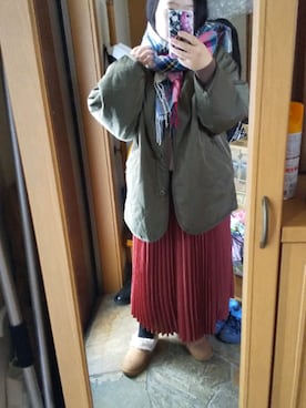 「大判ストール」｜「アイテム（ノーカラージャケット）」を使った、mieさん（レディース・161cm）の秋コーディネート