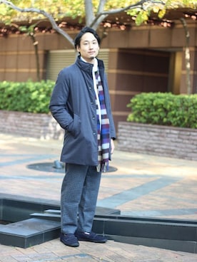 「アイテム（ダウンジャケット/コート、ブルー系）」を使った、hataさん（メンズ・175cm）の冬コーディネート
