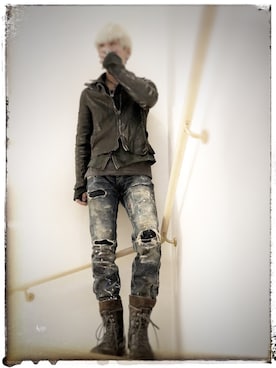 「incarnation（インカネーション）のアイテム（ライダースジャケット、グリーン系）」を使った、pierceさん（メンズ・175cm）の秋コーディネート