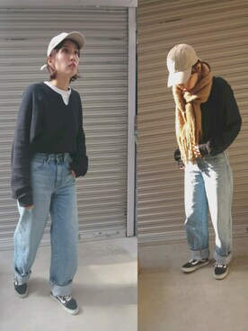 「UNIQLO（ユニクロ）のハイライズワイドストレートジーンズ（デニムパンツ）」を使った、ＴＳＵＢasaさん（レディース・163cm）の冬コーディネート