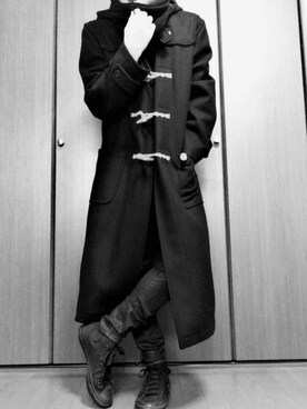 「オールブラック」｜「アイテム（ダッフルコート）」を使った、TaKaさん（メンズ・171cm）の冬コーディネート