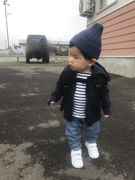 「1歳半」｜「アイテム（ニットキャップ/ビーニー）」を使った、あおみちさん（キッズ・80cm）の春コーディネート