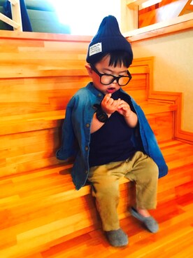 「1歳半」｜「アイテム（ニットキャップ/ビーニー）」を使った、あおみちさん（キッズ・80cm）の春コーディネート