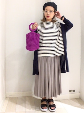 「プリーツ」｜「アイテム（ハンチング/ベレー帽）」を使った、バヤコさん（レディース・161cm）の春コーディネート