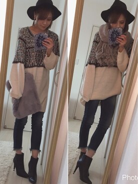 「Ungrid（アングリッド）のインディゴフレイドヘムストスリ（デニムパンツ）」を使った、natsukaさん（レディース・159cm）の冬コーディネート