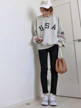 「USA」｜「アイテム（スウェット）」を使った、natsukaさん（レディース・159cm）の冬コーディネート