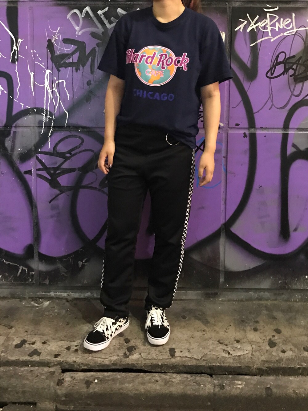 「hardrockcafe、チェッカー、オールドスクール、古着、古着MIX、used、スポーツミックス、カジュアル、Tシャツ、スポーティ」｜「Hard Rock Cafeのアイテム（Tシャツ/カットソー、ブルー系）」を使った、ｓａｙｕｋｉさん（レディース・165cm）の夏コーディネートの1枚目の写真