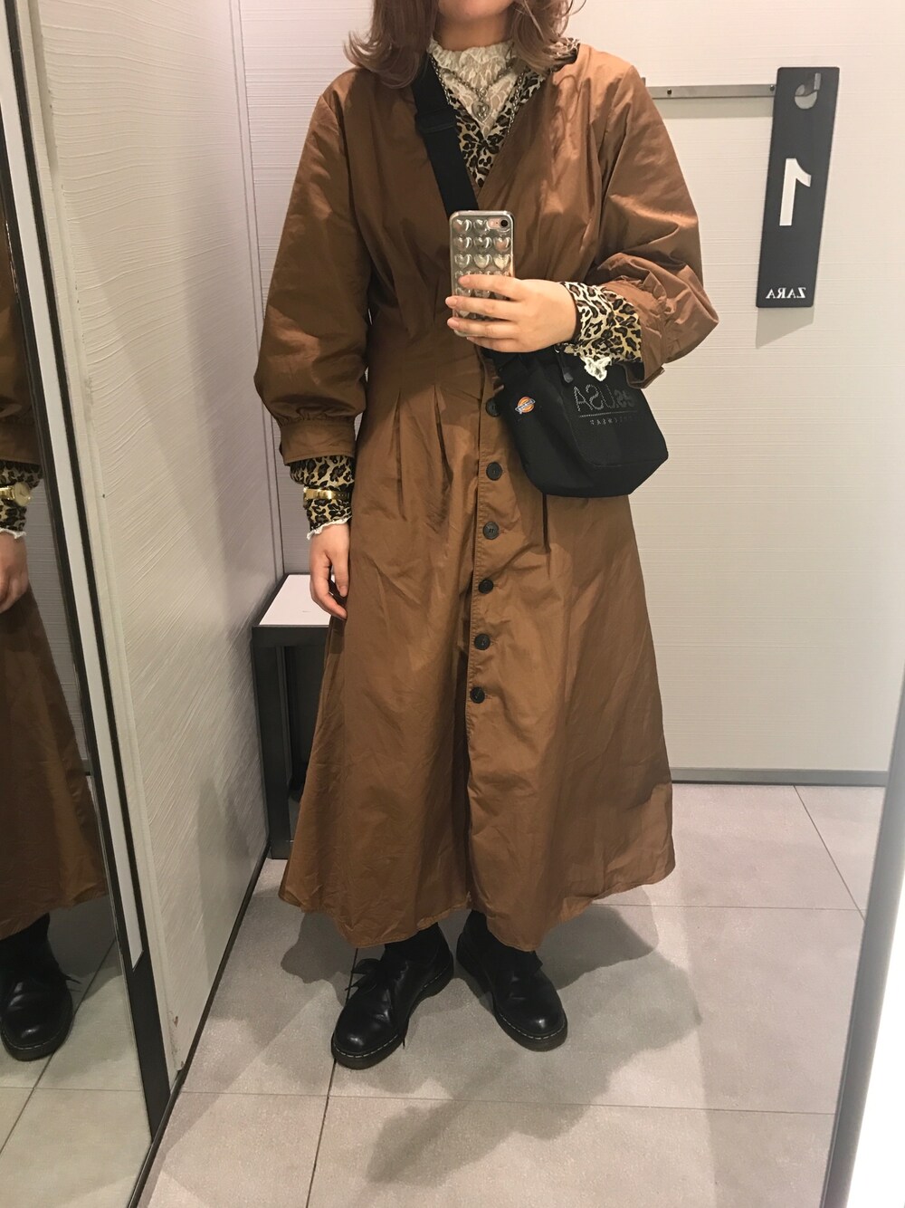 「レース、レーストップス、rili_tokyo、faithtokyo、Kastane、サコッシュ、レオパード、レオパード柄、funtique、ひょう柄」｜「ZARAのアイテム（ワンピース/ドレス、ブラウン系）」を使った、ｓａｙｕｋｉさん（レディース・165cm）の秋コーディネートの1枚目の写真