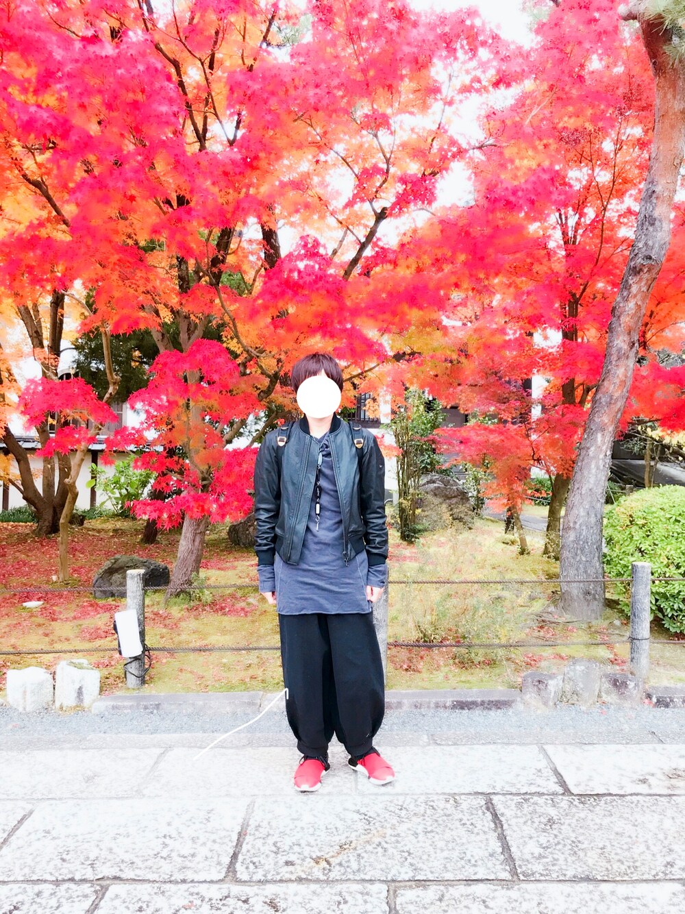 レッド系のスニーカー、ブラック系のその他パンツ、グレー系のTシャツ/カットソーを着用したメンズの秋コーディネートの1枚目の写真