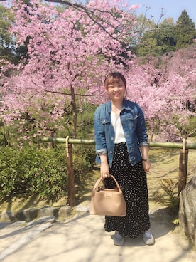 「ドットパンツ」｜「アイテム（デニムジャケット）」を使った、kitaさん（レディース・147cm）の春コーディネート