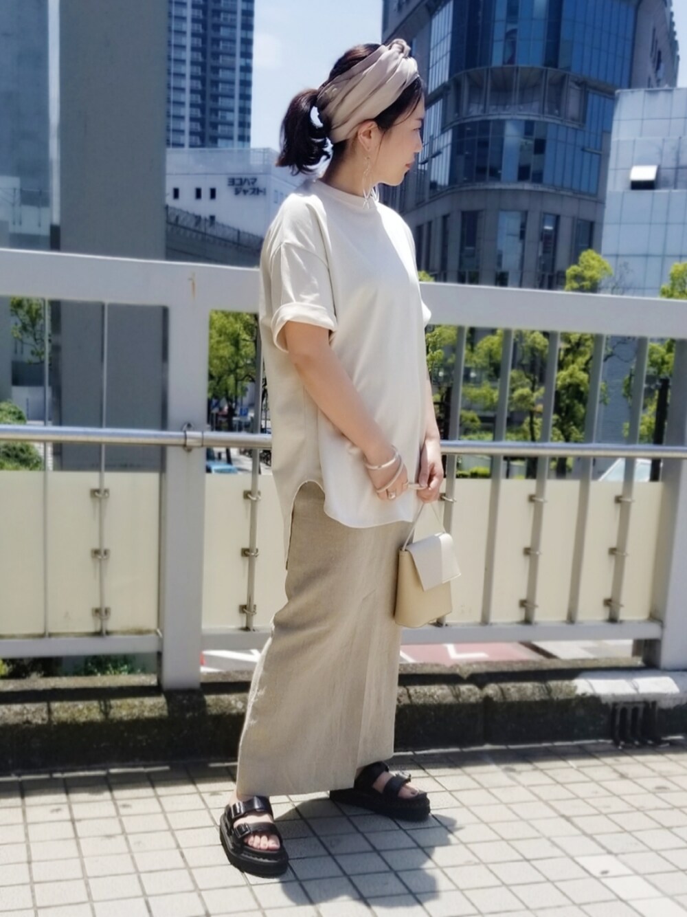 アダムエロペ／配色ステッチマキシタイトスカートイエロー系 セットアップ対応・洗えるハイウエストタックタイト