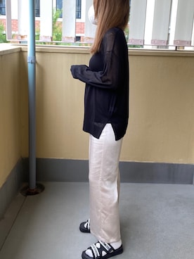 「GU（ジーユー）のアイテム（Tシャツ/カットソー、ブラック系）」を使った、ゆかさん（レディース・156cm）の夏コーディネート