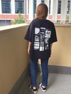 「VANS（バンズ）のVANS ヴァンズ OLD SKOOL DX オールドスクール DX V36CL+ BLACK（スニーカー、ブラック系）」を使った、ゆかさん（レディース・156cm）の夏コーディネート