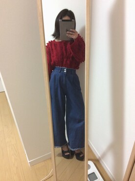 「GU（ジーユー）のアイテム（ニット/セーター、レッド系）」を使った、いぐつさん（レディース・155cm）の春コーディネート