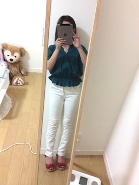 「GU（ジーユー）のアイテム（トップス、グリーン系）」を使った、いぐつさん（レディース・155cm）の夏コーディネート