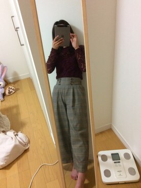 「GU（ジーユー）のアイテム（トップス、レッド系）」を使った、いぐつさん（レディース・155cm）の秋コーディネート