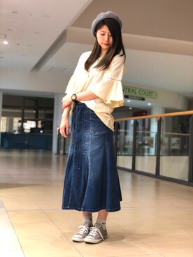 「フレアスリーブ」｜「アイテム（ハンチング/ベレー帽）」を使った、ヤマモトマイさん（レディース・165cm）の春コーディネート