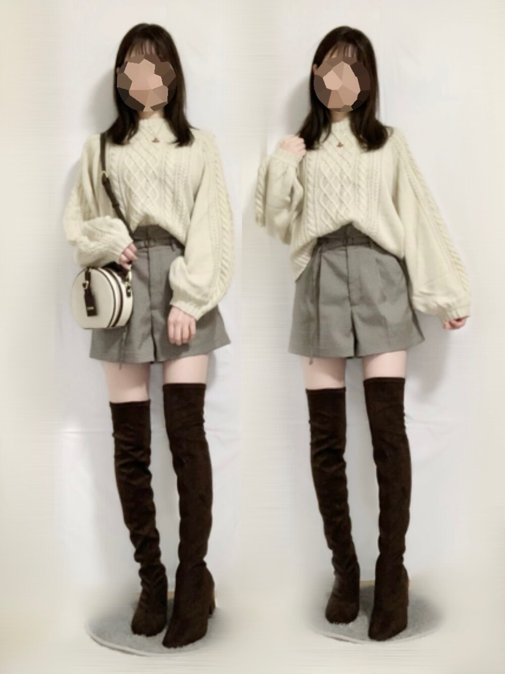 ベージュ系のニット/セーター、その他のその他パンツ、ブラウン系のブーツを着用したレディースの秋コーディネートの1枚目の写真