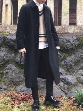 「TAKEO KIKUCHI（タケオキクチ）のアイテム（ステンカラーコート）」を使った、mashiさん（メンズ・175cm）の冬コーディネート