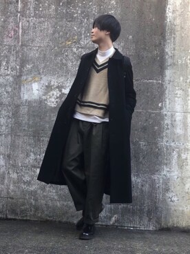 「TAKEO KIKUCHI（タケオキクチ）のアイテム（ステンカラーコート）」を使った、mashiさん（メンズ・174cm）の冬コーディネート